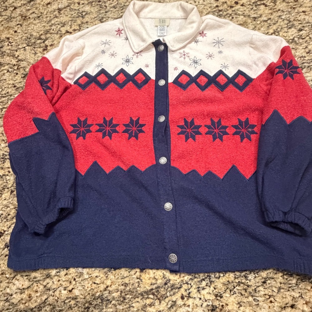 Vintage Snowflake Colorblock Cardigan Red White Blue Plus 2X Holiday Sweater